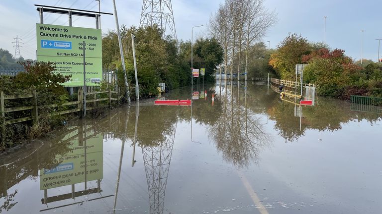 Queen&#39;s Drive Park & Ride in Nottingham, closed due to flooding, after Storm Babet battered the UK, causing widespread flooding and high winds. More &#39;risk-to-life&#39; flood warnings have been issued in England in the wake of Storm Babet as homes have been evacuated and train services disrupted. Picture date: Monday October 23, 2023.