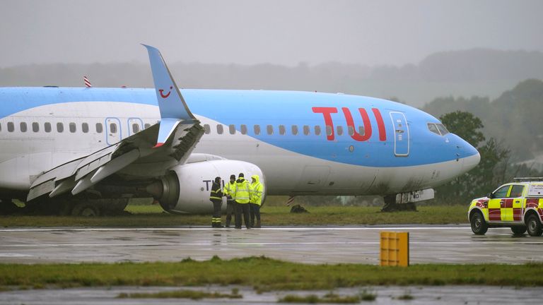 Emergency services at the scene after a passenger plane came off the runway at Leeds Bradford Airport while landing in windy conditions during Storm Babet. Picture date: Friday October 20, 2023. PA Photo. Flood warnings are in place in Scotland, as well as parts of northern England and the Midlands. Thousands were left without power and facing flooding from "unprecedented" amounts of rain in east Scotland, while Babet is set to spread into northern and eastern England on Friday.  See PA story WEATHER Babet. Photo credit should read: Danny Lawson/PA Wire