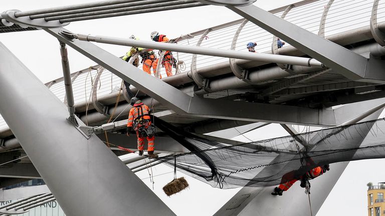 A straw bale is suspended from London&#39;s Millennium Bridge as part of an ancient byelaw to warn passing boats of work on the capital&#39;s Thames crossing. The bridge was closed on Saturday 14 October for three weeks to allow urgent repairs and cleaning. Issue date: Wednesday October 18, 2023. PA Photo. Photo credit should read: Jordan Pettitt/PA Wire 