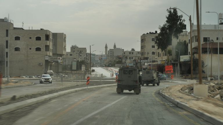 MILITARY VEHICLES IN HUWARA. Grab from Stuart Ramsay report from the West Bank 28/10/2023