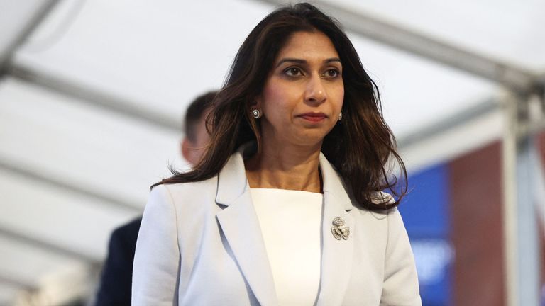British Home Secretary Suella Braverman walks at the venue of Britain&#39;s Conservative Party&#39;s annual conference in Manchester, Britain, October 3, 2023. REUTERS/Toby Melville