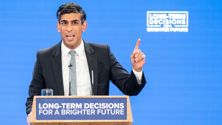 Prime Minister Rishi Sunak delivers his keynote speech at the Conservative Party annual conference at Manchester Central convention complex. the Conservative Party annual conference at the Manchester Central convention complex. Picture date: Wednesday October 4, 2023.