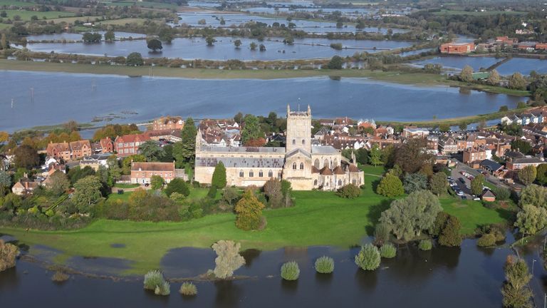 High water levels around Tewkesbury Abbey as flood warnings remain in place for the Gloucestershire town