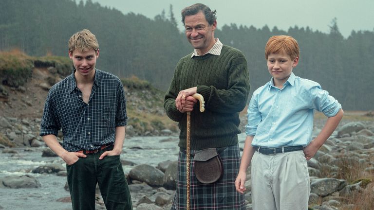 Dominic West as Prince Charles, with Rufus Kampa and Fflyn Edwards as William and Harry, in the sixth and final series of The Crown. Pic: Netflix