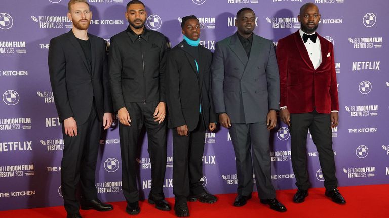 (left to right) Dan Emmerson, Kano, Jedaiah Bannerman, Daniel Kaluuya and Kibwe Tavares arrive for a screening of The Kitchen during the BFI London Film Festival at the Royal Festival Hall, Southbank Centre in London. Picture date: Sunday October 15, 2023.