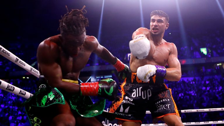 Tommy Fury (left) and KSI in action during their bout at the AO Arena in Manchester
