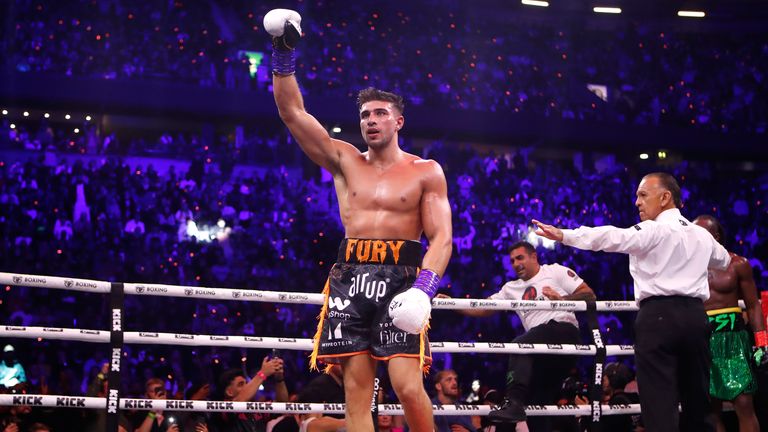 Tommy Fury reacts after his bout with KSI during the MF and DAZN: X Series event at the AO Arena, Manchester. Picture date: Saturday October 14, 2023.
