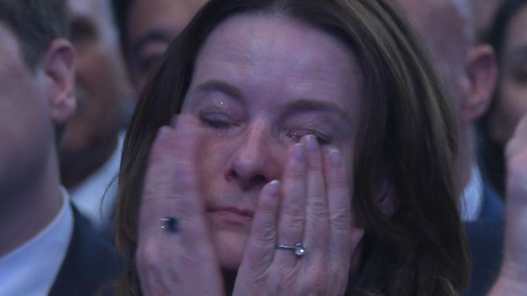 Gillian Keegan wipes away tears during Rishi Sunak&#39;s speech.