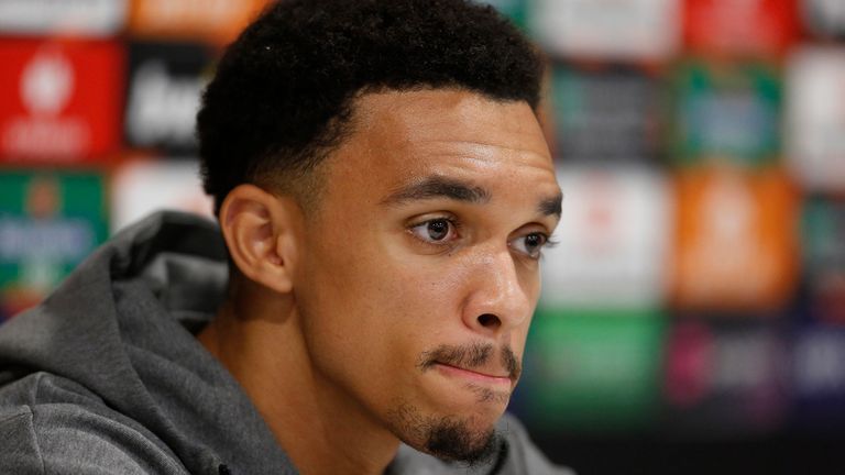 Soccer Football - Europa League - Liverpool Press Conference - Anfield, Liverpool, Britain - October 4, 2023 Liverpool&#39;s Trent Alexander-Arnold during a press conference Action Images via Reuters/Ed Sykes