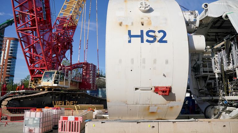 The  tunnel boring machine (TBM), as yet to be given a nickname, before it is lifted into place at the Victoria Road Crossover Box HS2 site, near to Old Oak Common in west London 