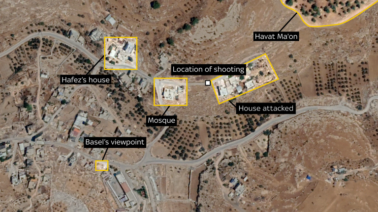 Map of key locations in the shooting of Zakarya Adra, 28, during a settler attack in the West Bank village of At-Tuwani on Friday 13th October, 2023. SOURCE: Google