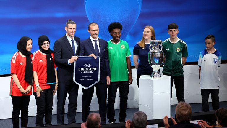 UEFA president Aleksander Ceferin with UK and Ireland ambassador Gareth Bale during the announcement  