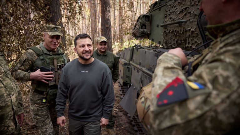 Ukrainian President Volodymyr Zelenskiy inspects a Leopard 2 tank as he visits a position of Ukrainian troops in a front line, amid Russia&#39;s attack on Ukraine, in an undisclosed location, Ukraine October 3, 2023. Ukrainian Presidential Press Service/Handout via REUTERS ATTENTION EDITORS - THIS IMAGE HAS BEEN SUPPLIED BY A THIRD PARTY. TPX IMAGES OF THE DAY