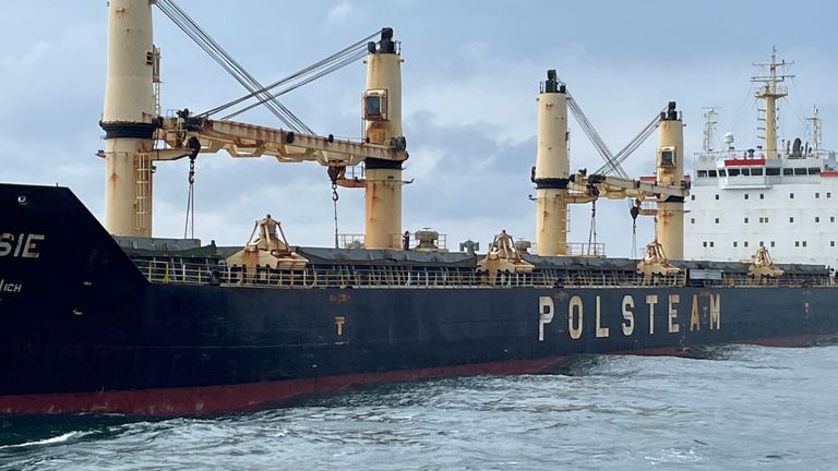Bahamas-flagged freighter Polesie is pictured following its collision with British-flagged vessel Verity 