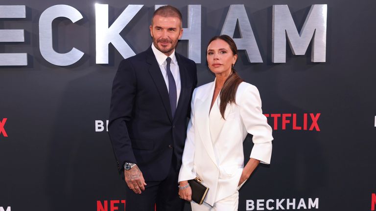 David Beckham, left, and Victoria Beckham pose for photographers upon arrival at the premiere of the television programme &#39;Beckham&#39; on Tuesday, Oct. 3, 2023 in London. (AP Photo/Vianney Le Caer)