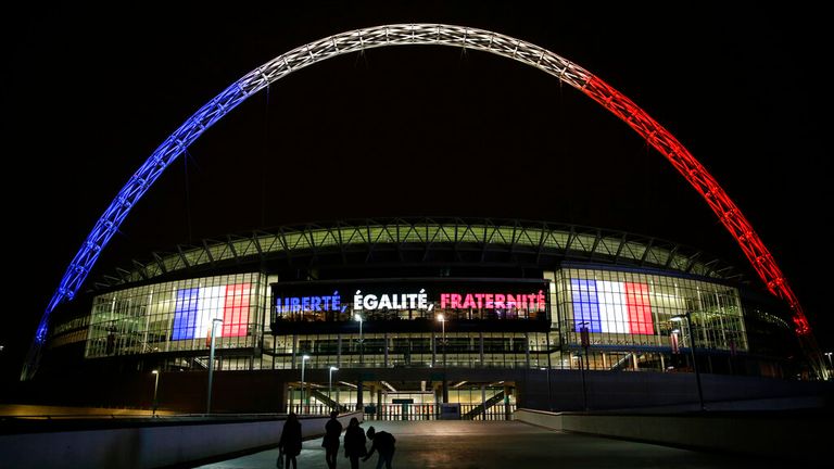 The Wembley Stadium arch illuminated in support of France after the 2015 Paris attacks Pic: AP 