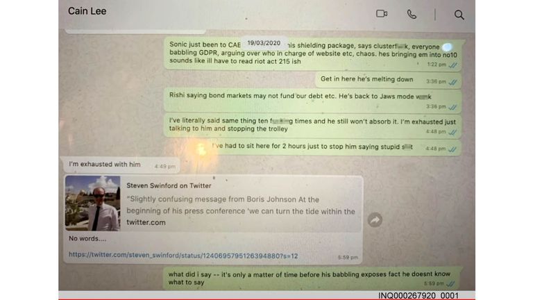 WhatsApp messages presented during Lee Cain&#39;s appearance at the Covid inquiry