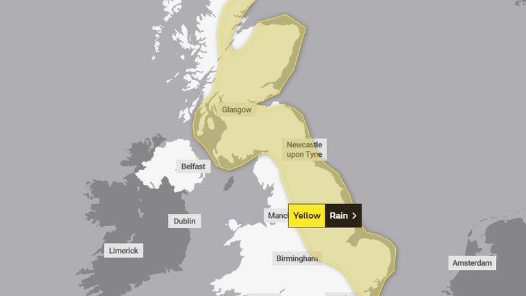 Much of Scotland and the east of England is under a yellow warning on Saturday