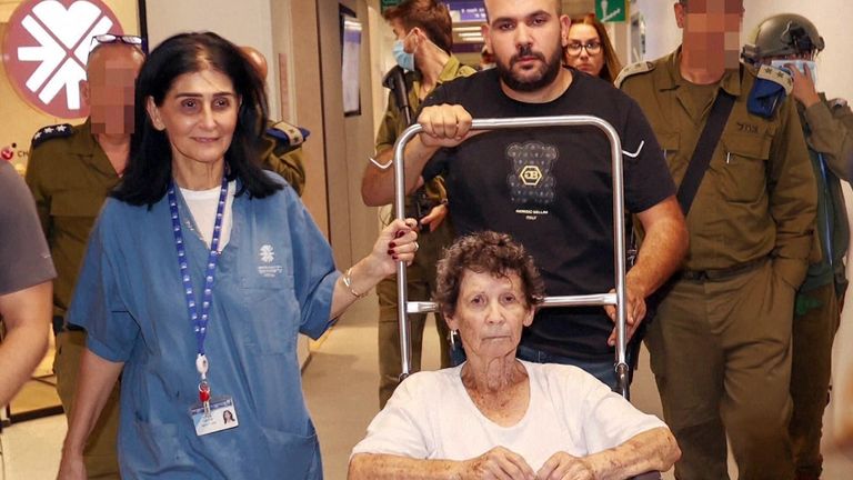 85-year-old Yocheved Lifshitz at Tel Aviv Sourasky Medical Center – Ichilov, after she was released by Hamas militants .