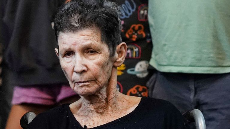 Yocheved Lifshitz, 85, an Israeli grandmother who was held hostage in Gaza looks on after being released by Hamas militants, at Ichilov Hospital in Tel Aviv, Israel October 24, 2023. REUTERS/Janis Laizans