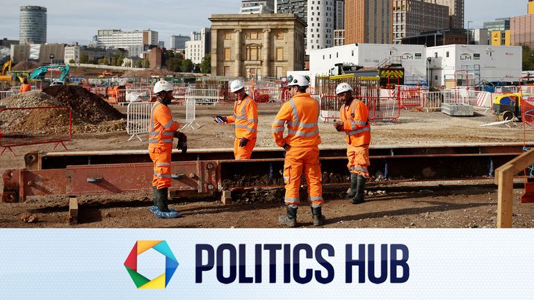 Workers stand next to a large piece of steel at the HS2 rail  Curzon Street Station construction site in Birmingham, Britain, October 3, 2022. REUTERS/Phil Noble