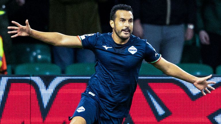 Pedro celebrates scoring to make it 2-1 Lazio during a UEFA Champions League match between Celtic and Lazio at Celtic Park, on October 04, 2023, in Glasgow, Scotland. (Photo by Mark Scates / SNS Group)