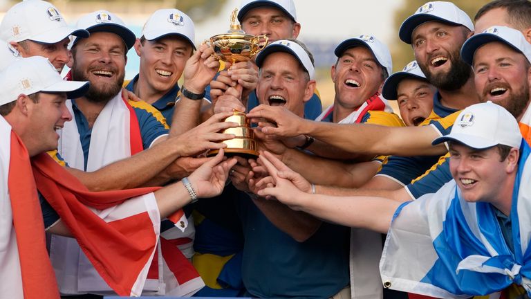 Luke Donald and the European team lift the Ryder Cup in Rome