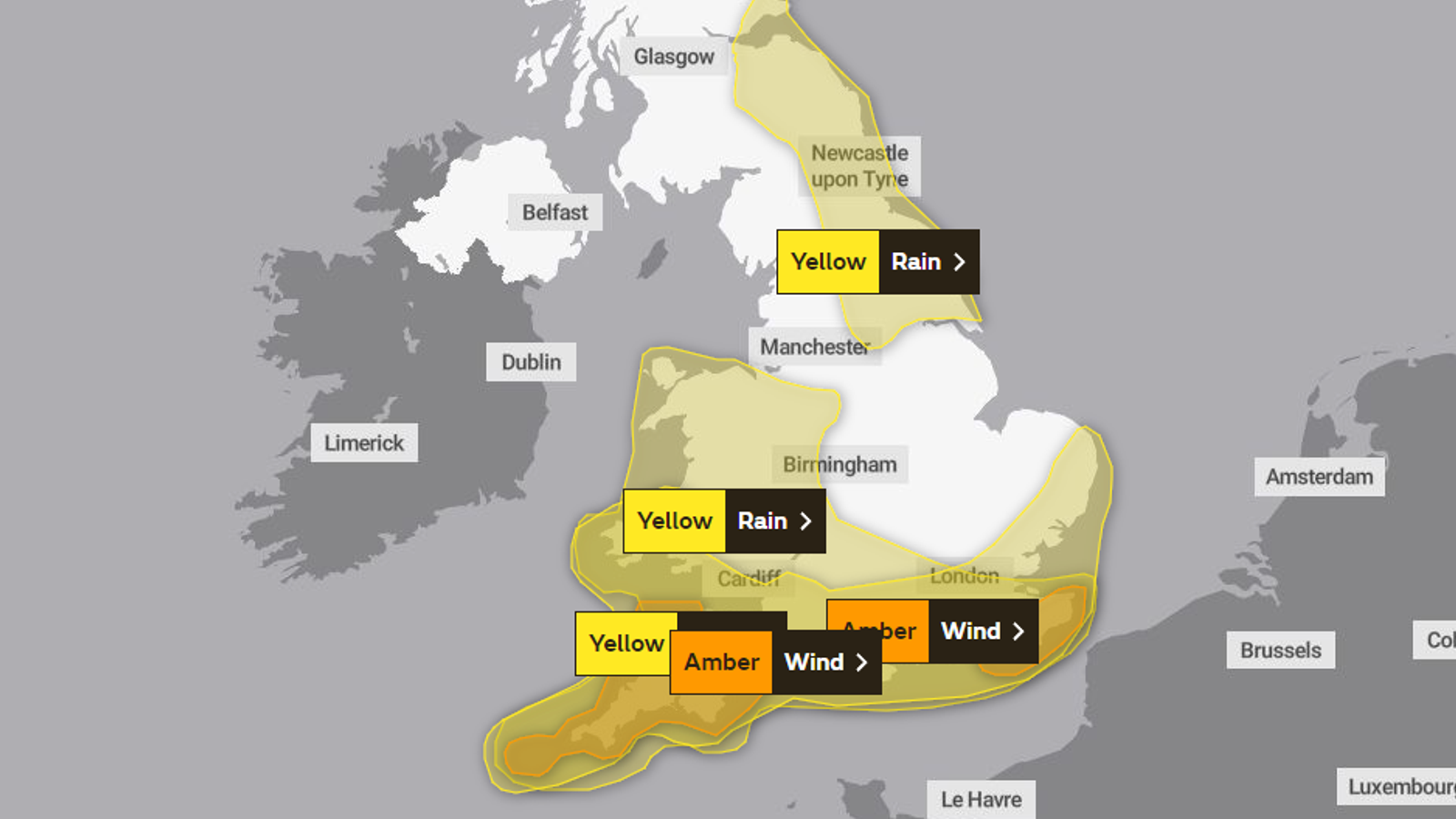 Where else will Storm Ciaran cause bad weather? A list of Met Office rain and wind warnings across UK