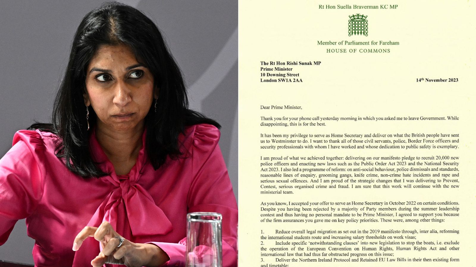 Suella Braverman's letter to Rishi Sunak in full - after being sacked as home secretary