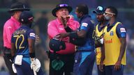 Cricket - ICC Cricket World Cup 2023 - Bangladesh v Sri Lanka - Arun Jaitley Stadium, New Delhi, India - November 6, 2023 Sri Lanka's Angelo Mathews speaks to the umpires after losing his wicket due to time out REUTERS/Anushree Fadnavis