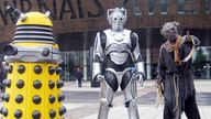 (left to right) A Dalek, a Cyberman and a Scarecrow in Cardiff City Centre to promote the new exhibition, the Doctor Who Experience in Cardiff Bay.