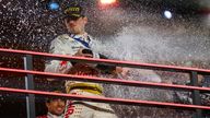 Oracle Red Bull Racing driver Max Verstappen (1) of the Netherlands, is sprayed with champagne during the Formula 1 Heineken Silver Las Vegas Grand Prix on Saturday, November 18, 2023, in Las Vegas, NV. (Tyler Tate via AP)