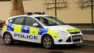 Basingstoke, United Kingdom - April 09 2013:   A hampshire force police car parked outside the Malls Shopping centre on Alcenon Link