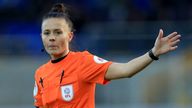Match referee Rebecca Welch gestures during the Sky Bet Championship match at St. Andrew&#39;s, Birmingham. Picture date: Saturday January 21, 2023.