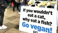 A pop-up "catmonger" outside Cardiff market on World Vegan Day. Pic: PETA