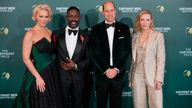 Britain&#39;s Prince William, second from right, Australian actress Cate Blanchett, right, British actress Hannah Waddingham, left, and U.S. actor Sterling K. Brown, second from left, pose on the green carpet for the 2023 Earthshot Prize Awards in in Singapore, Tuesday, Nov. 7, 2023. (AP Photo/Vincent Thian)