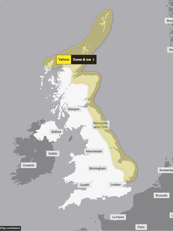 The weather warnings for snow and ice have been extended to be in place until 11am on Friday. Pic: Met Office