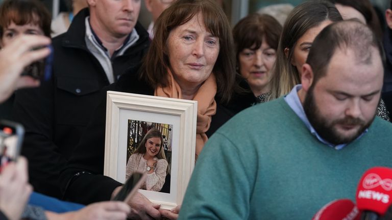The mother of murdered teacher Ashling Murphy, Kathleen (centre), listens as her son Cathal (front) issues a statement to the media after Jozef Puska, 33, was found guilty at the Central Criminal Court in Dublin of murdering the schoolteacher in Tullamore, Co Offaly, in January last year. Picture date: Thursday November 9, 2023.