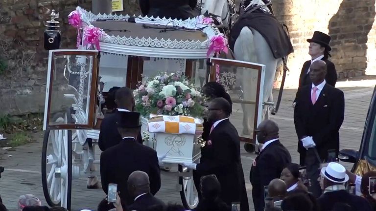 The coffin of Elianne Andam arrives for her funeral at the New Life Christian Centre, Croydon. The 15-year-old was stabbed to death in Croydon on her way to school on September 27. Issue date: Saturday November 11, 2023.