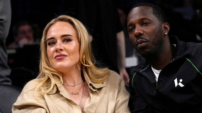 Singer Adele, left, sits with sports agent Rich Paul during the second half in Game 3 of an NBA basketball Western Conference semifinal between the Los Angeles Lakers and the Golden State Warriors Saturday, May 6, 2023, in Los Angeles. (AP Photo/Mark J. Terrill)