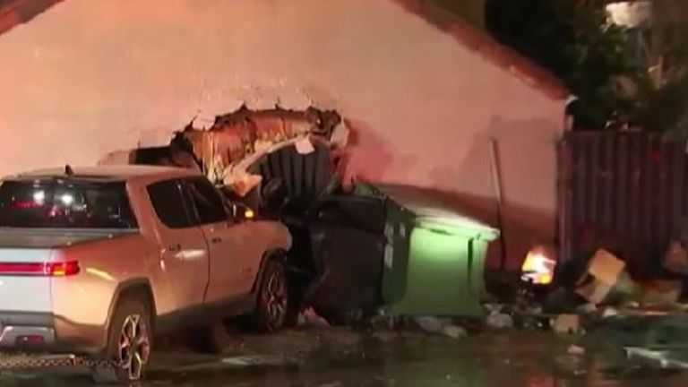 The truck crashed into the Hollywood pizza restaurant on Tuesday evening, police said Pic: NBC LA 