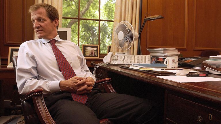 Alastair Campbell in his office in Downing Street after announcing his resignation as Director of Communications to Prime Minister Tony Blair, in London. Blair&#39;s top aide announced his resignation on Friday in a shock decision that comes amid the worst crisis of the British premier&#39;s six-year rule.
