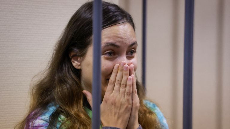 Skochilenko, a 33-year-old artist and musician, reacts as the verdict is given to the court on Thursday