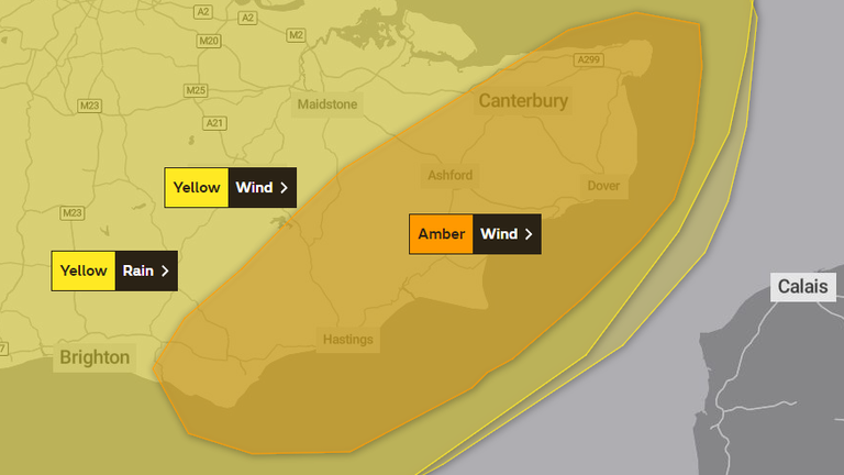 An amber alert for the South East of England is in place from the Met Office until midday Thursday due to Storm Ciaran.