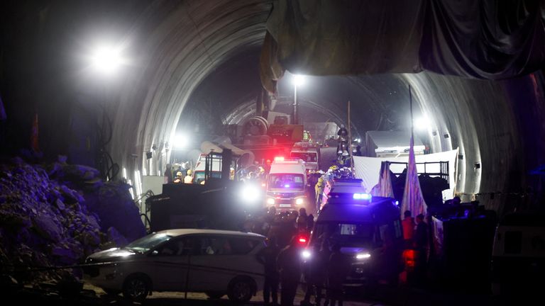 Ambulances move inside a tunnel where rescue operations are underway to rescue trapped workers, after the tunnel collapsed, in Uttarkashi in the northern state of Uttarakhand, India, November 28, 2023. REUTERS/Francis Mascarenhas
