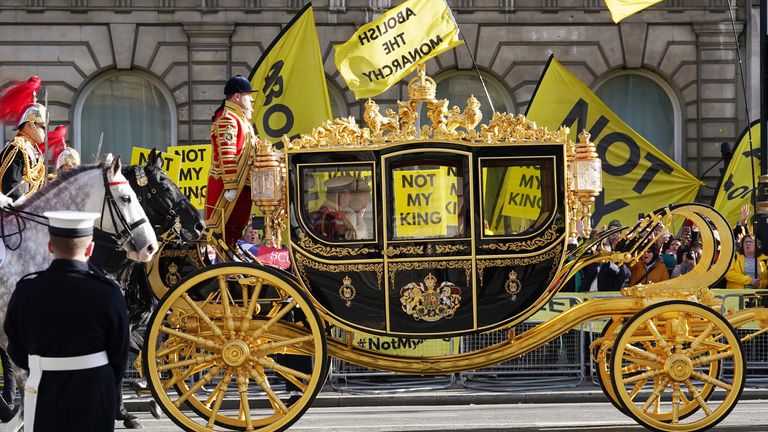 Anti-Monarchy pressure group Republic protest outside the Palace of Westminster in London during the State Opening of Parliament in the House of Lords. Picture date: Tuesday November 7, 2023. PA Photo. King Charles III is delivering his first King's speech as monarch, having previously deputised for the late Queen to open parliamentary sessions. Photo credit should read: Gareth Fuller/PA Wire