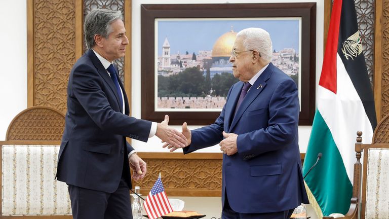 Mr Blinken meets with Palestinian President Mahmoud Abbas in the West Bank. Pic: AP