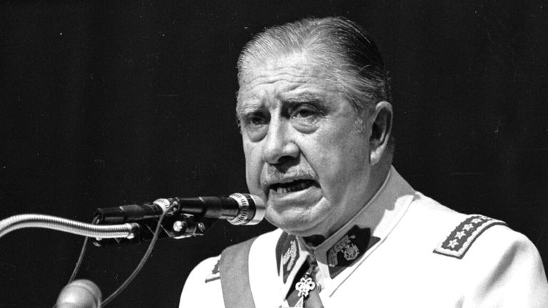 Gen. Augusto Pinochet speaks during his first anniversary as Constitutional President, in Santiago, Chile, in this March,11, 1982 photo. Pinochet, who overthrew Chile&#39;s democratically elected Marxist president in a bloody coup and ruled this Andean nation for 17 years, died Sunday, Dec. 10, 2006 of complications following a heart attack. He was 91. (AP Photo/Santiago Llanquin,)