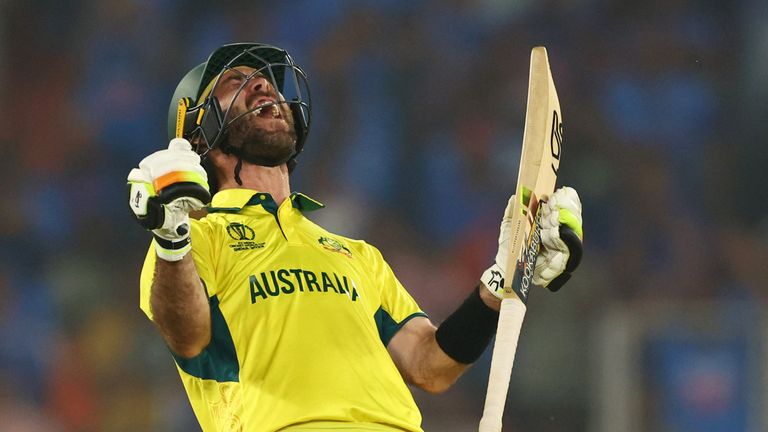 Australia&#39;s Glenn Maxwell celebrates the win