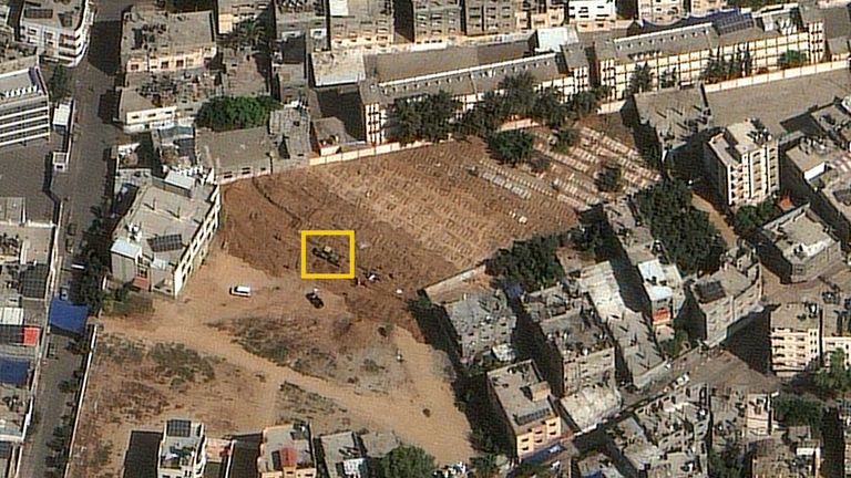 Satellite image of a bulldozer at Al-Batish cemetery, eastern Gaza City, taken on 19 October 2023. SOURCE: Maxar Technologies